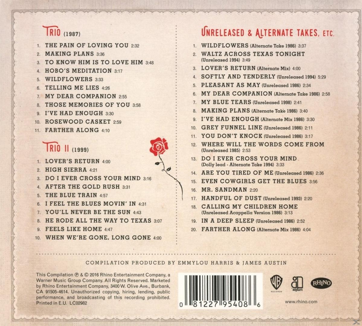 Albumhoes met tracklijsten voor Trio en Unreleased & Alternate Takes. Lijsten en titels in zwarte tekst.