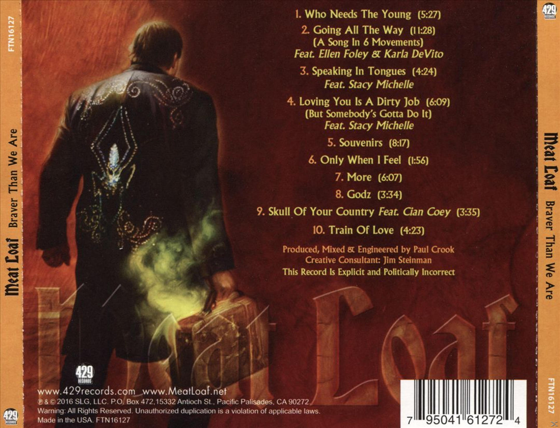 Albumcover: Mann in Lederjacke, hält Koffer, Rückenansicht. Songtitel und Texte rechts.
