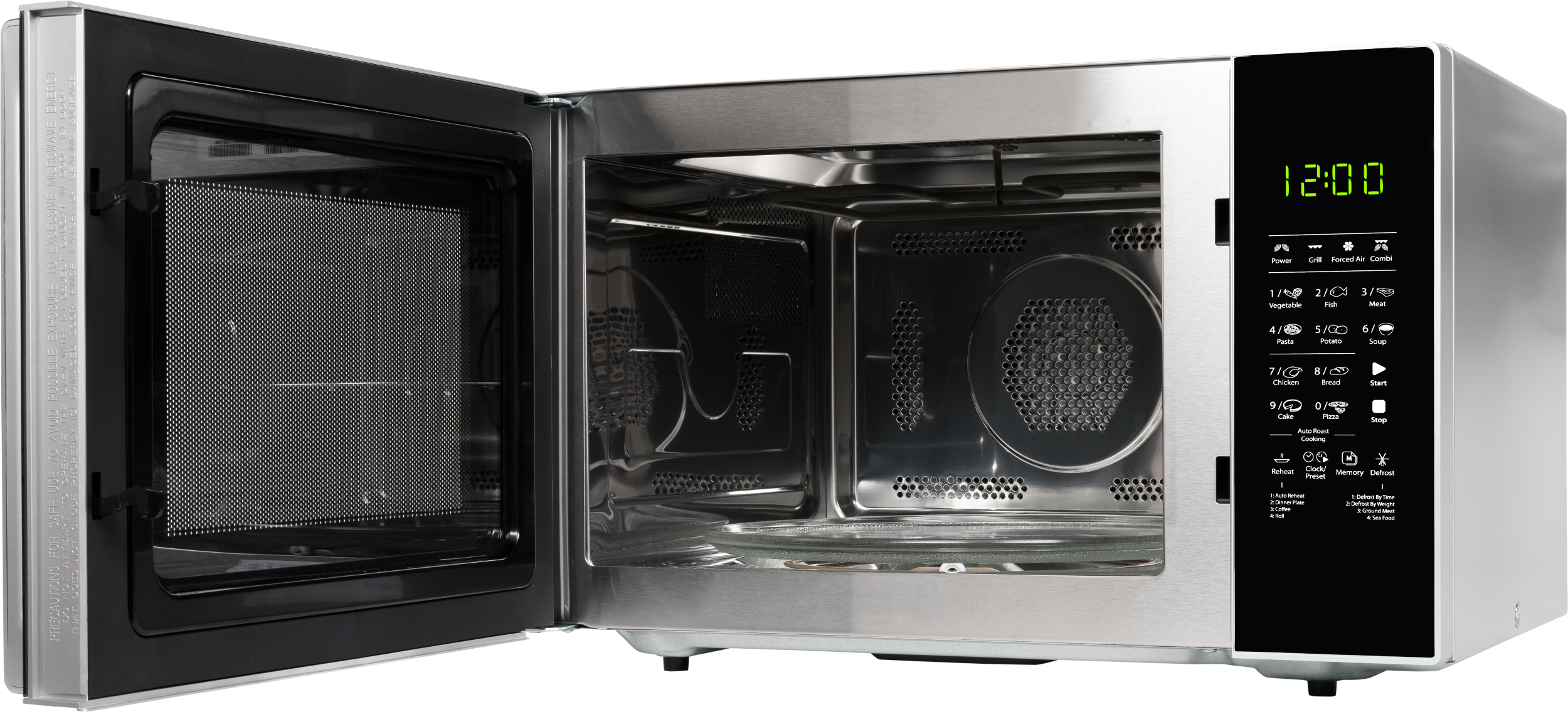 Een roestvrijstalen magnetron met de deur open, waardoor het interieur en het bedieningspaneel met digitale klok en knoppen zichtbaar worden.