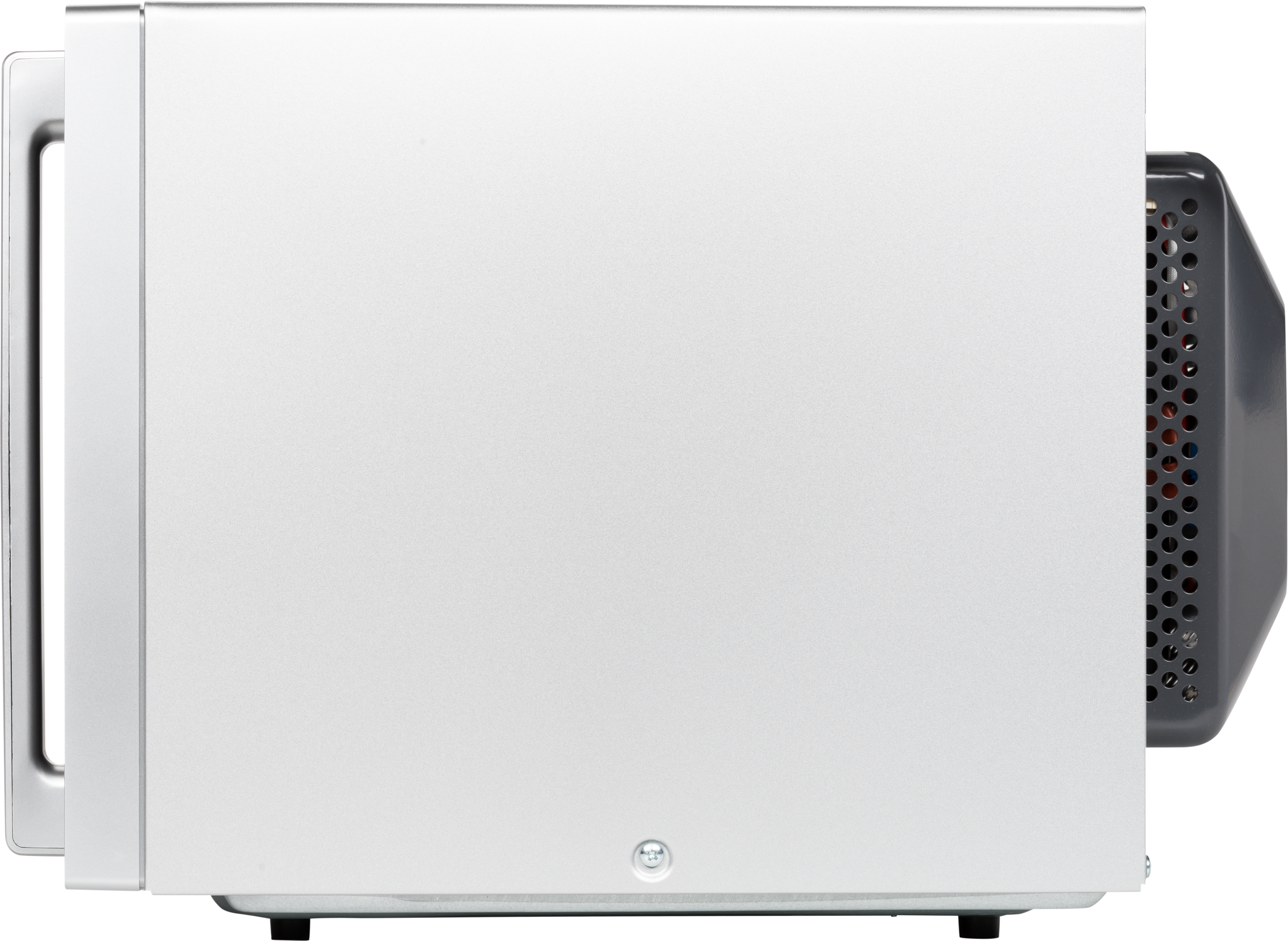 Zijaanzicht van een witte magnetron met een grijze handgreep en een zwarte ventilatie aan de rechterkant.