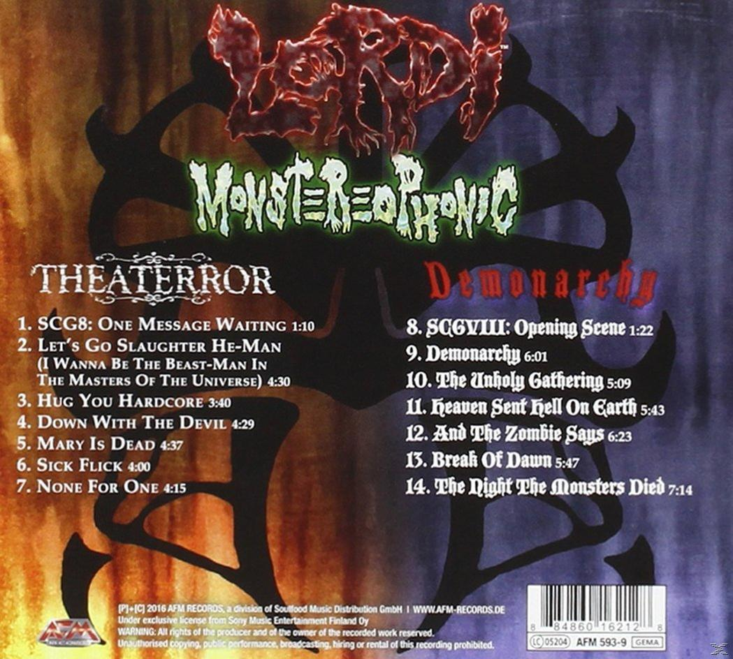 Albumcover mit dem Titel 'MONSTEREDOPHONIC' und dem Namen der Band. Trackliste ist links.