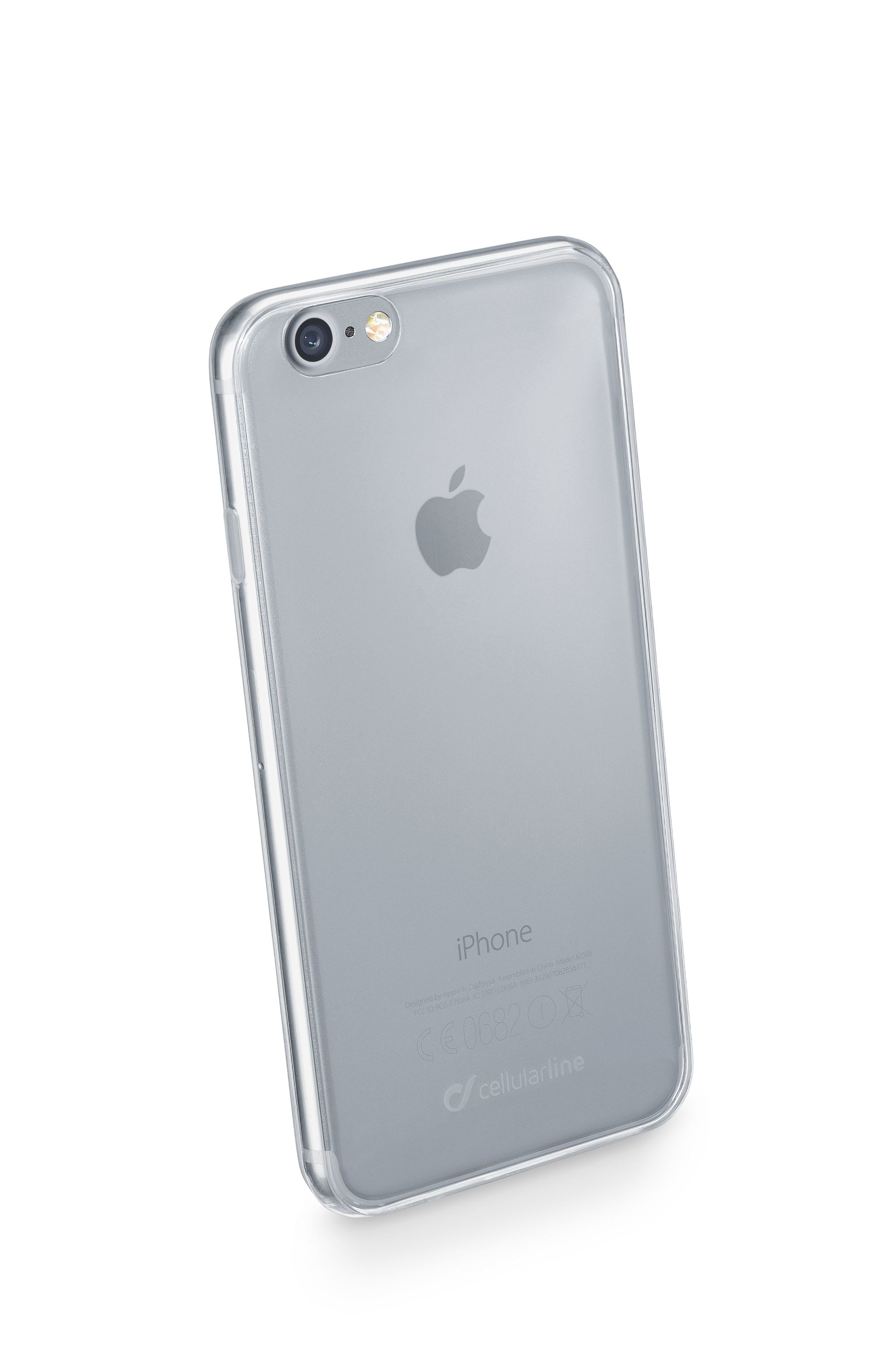 Zilveren iPhone in een doorzichtige hoes. Apple-logo op de achterkant. Witte achtergrond.
