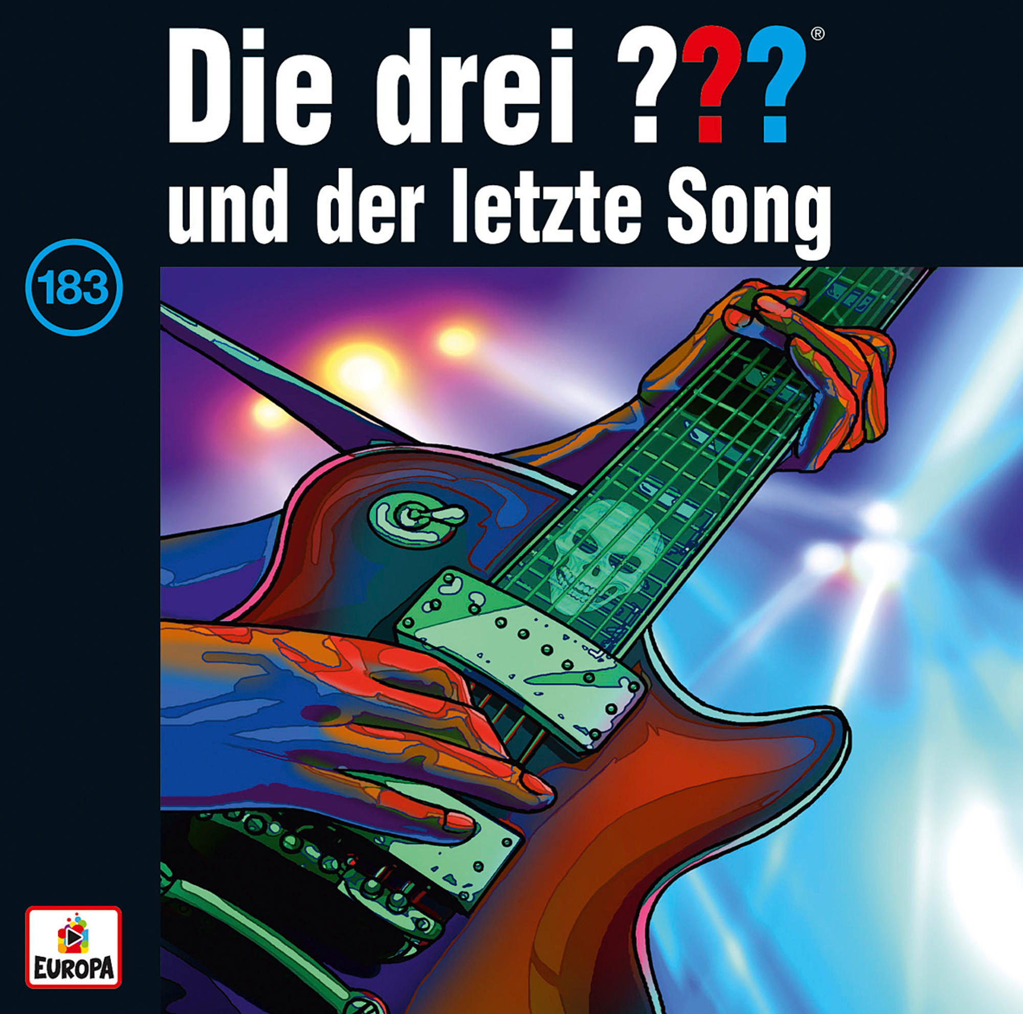 Albumcover: 'Die drei ??? und der letzte Song'. Hände spielen Gitarre. Text auf Deutsch.