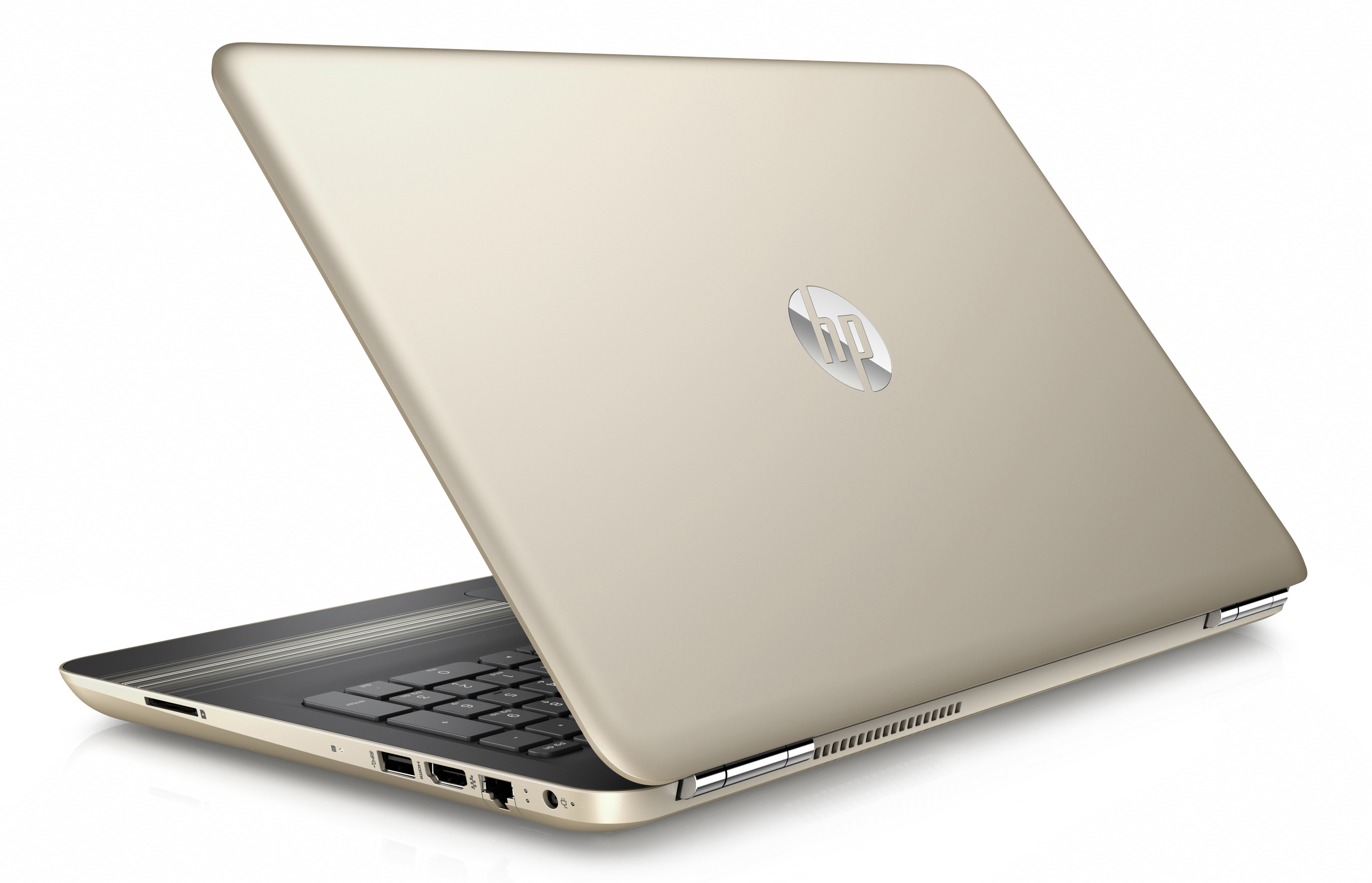 Goldener Laptop mit offenem Bildschirm, Tastatur und HP-Logo. Auf Weiß.