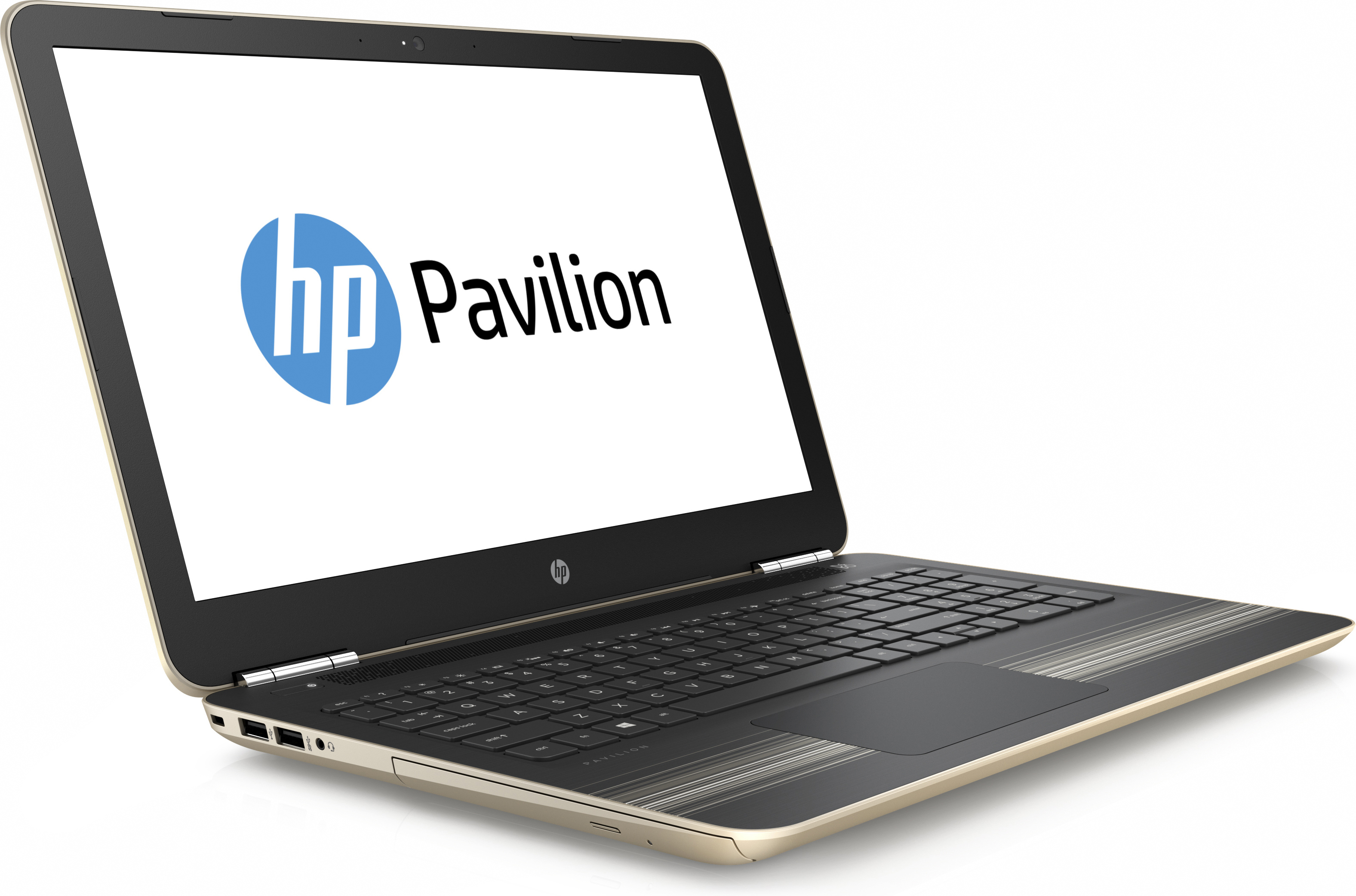 HP Pavilion Laptop. Es ist gold und schwarz, geöffnet und zeigt einen weißen Bildschirm mit dem HP-Logo.