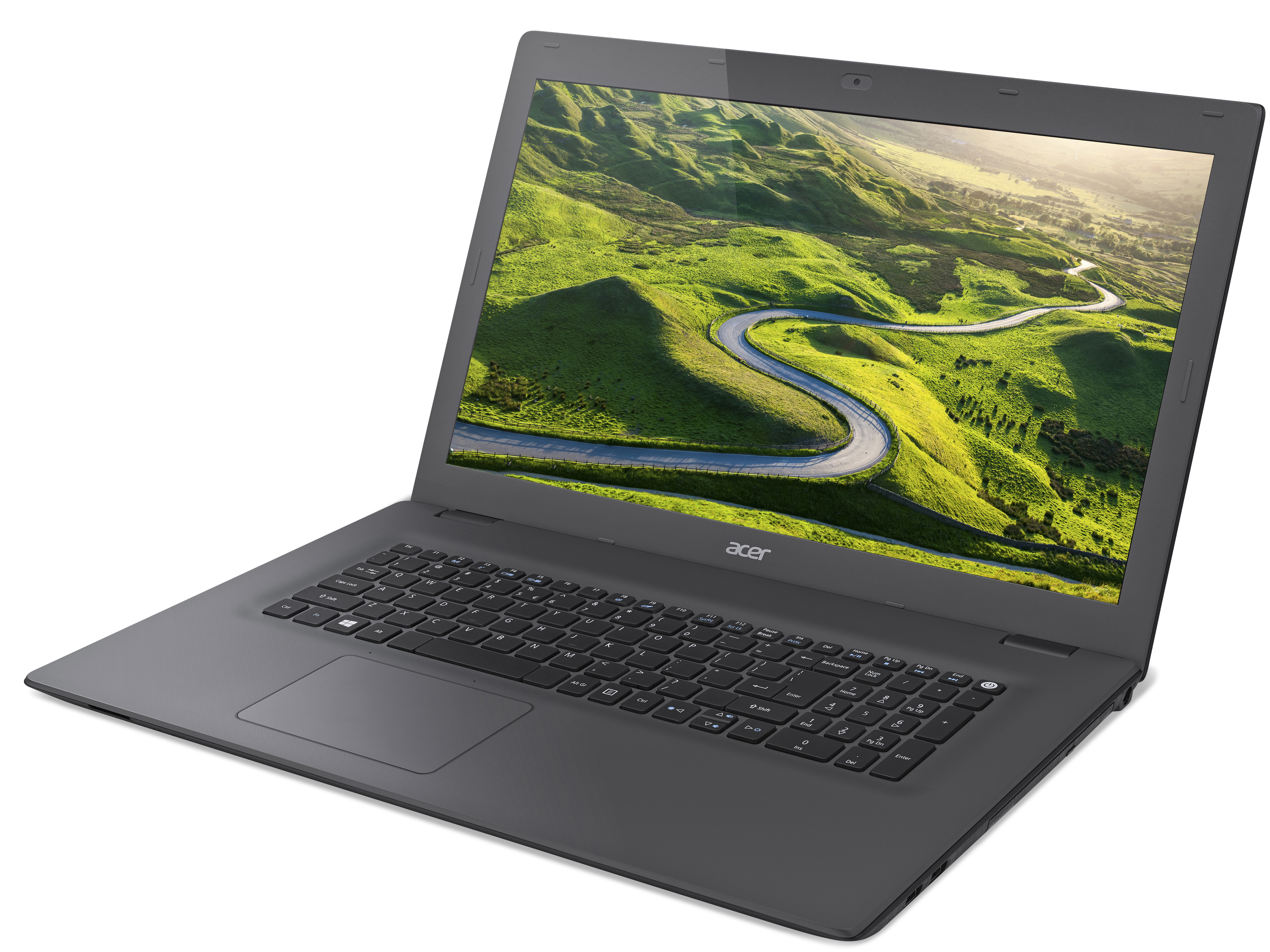 Schwarzer Acer-Laptop mit Bildschirm, der eine Straße durch grüne Hügel zeigt. Auf weißem Grund.