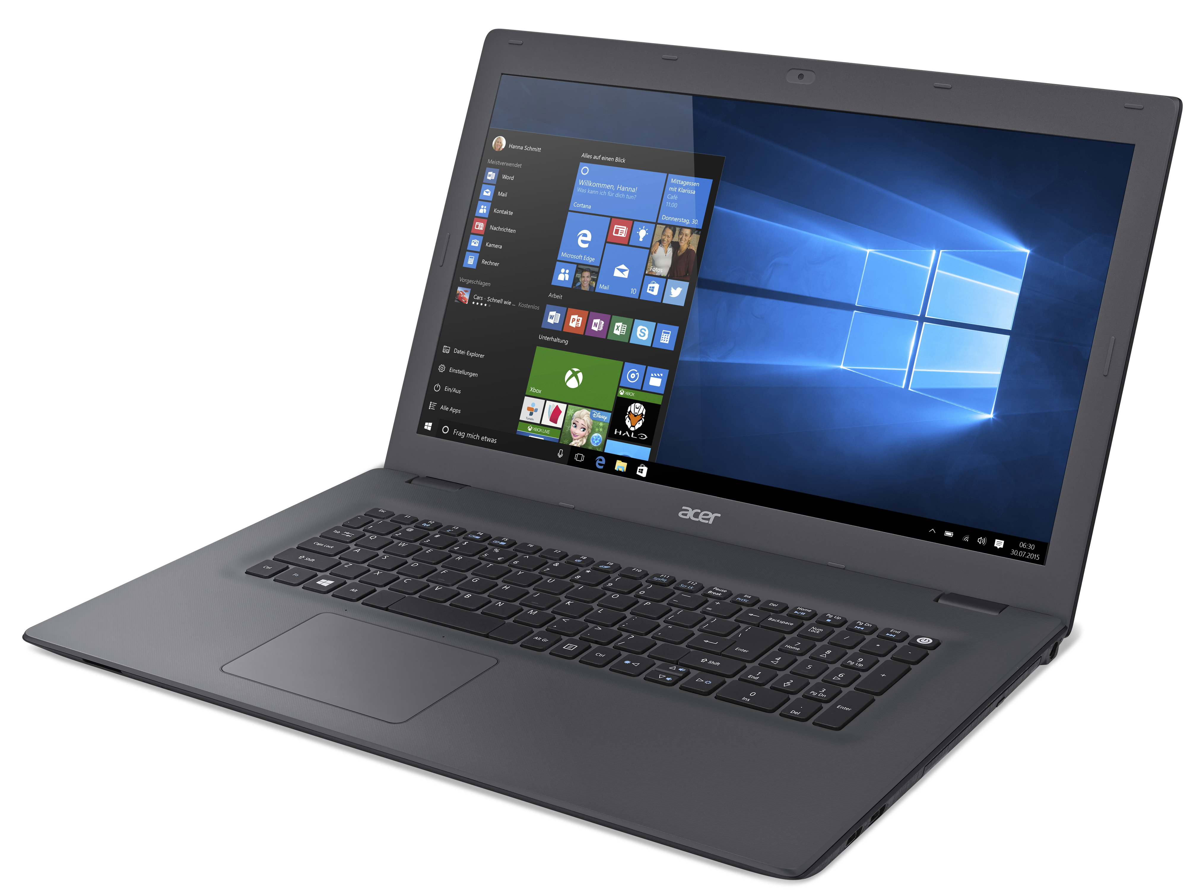 Schwarzer Laptop mit Windows-Oberfläche auf dem Bildschirm. Der Laptop ist geöffnet, mit Tastatur, auf weißem Grund.
