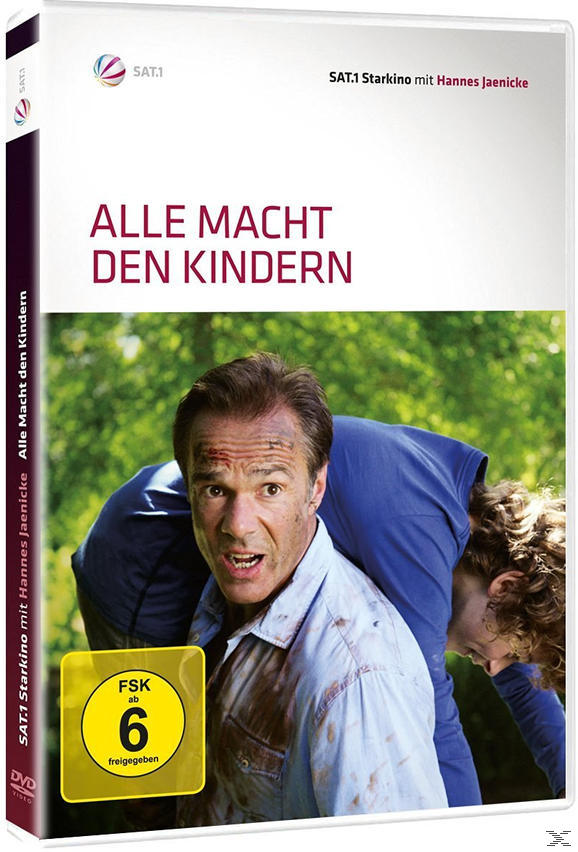 DVD-Hülle: Mann mit schockiertem Gesicht, Kind auf dem Rücken. Titel: Alle Macht den Kindern. FSK 6, mit grünem Hintergrund.