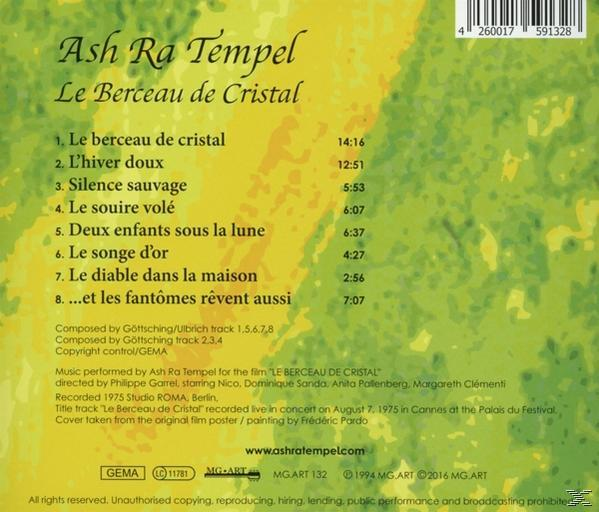 Albumcover mit Titel 'Ash Ra Tempel', Liedliste und Laufzeiten auf gelbem/grünem Hintergrund.