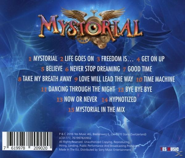 Albumcover, blauer Hintergrund, goldener Text liest Mystorial, Titelliste mit 15 Songs.