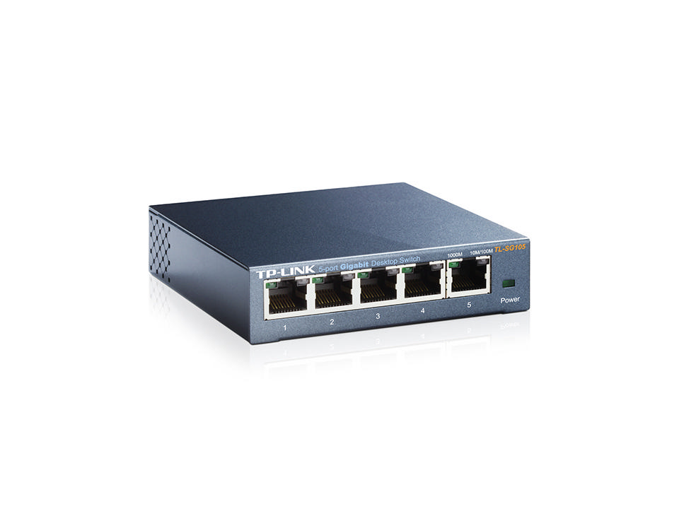 5 portlu TP-Link Gigabit Masaüstü Switch, mavi-gri, açılı görünüm, beyaz zemin üzerinde.