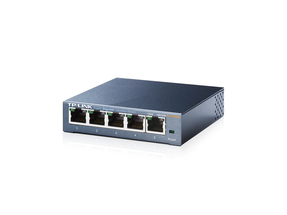 Beyaz zemin üzerinde TP-Link 5 portlu Gigabit masaüstü anahtar.