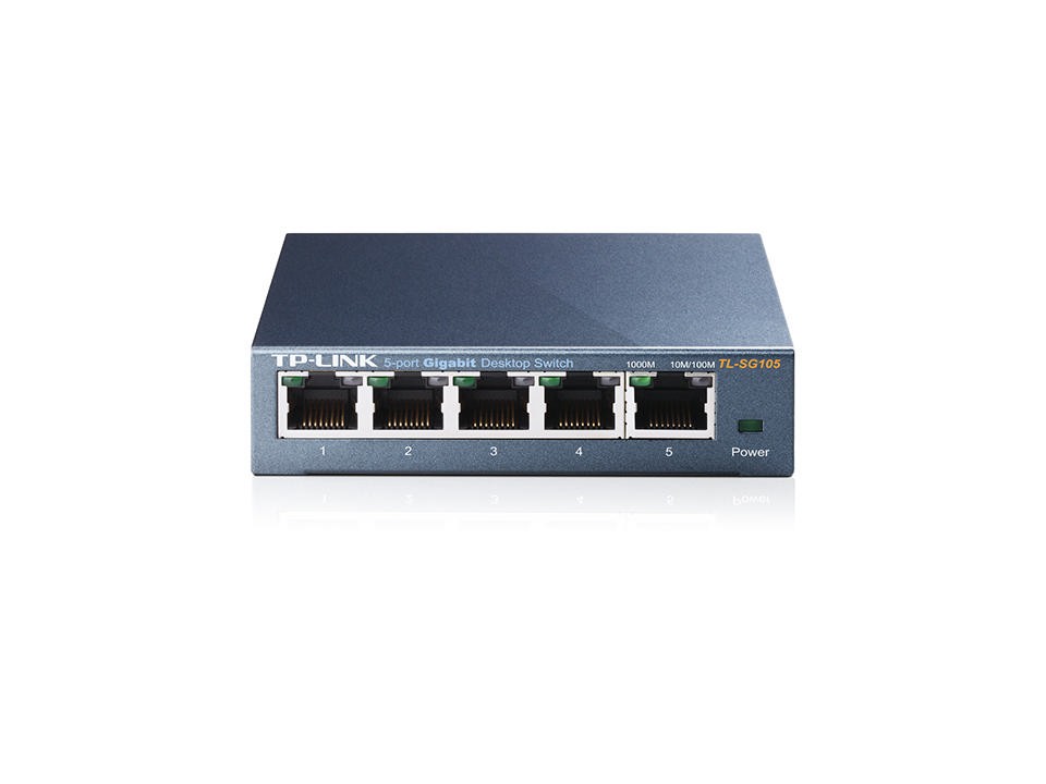 Gri bir TP-Link 5 portlu Gigabit Masaüstü Anahtar, 1-5 olarak etiketlenmiş bağlantı noktaları ve bir güç ışığı ile.