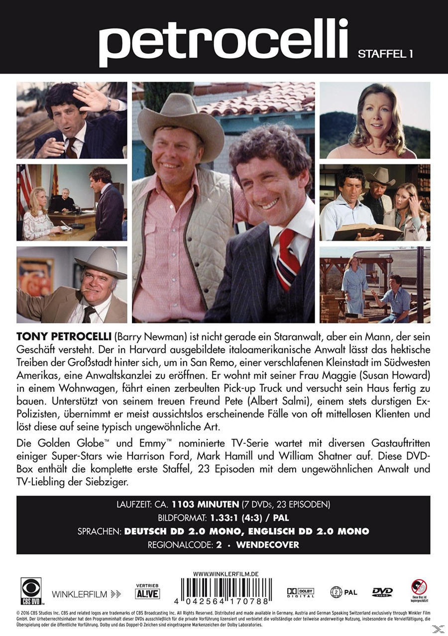 Rückseite der Petrocelli Staffel 1 DVD-Box. Bilder der Besetzung und eine Zusammenfassung der Show.