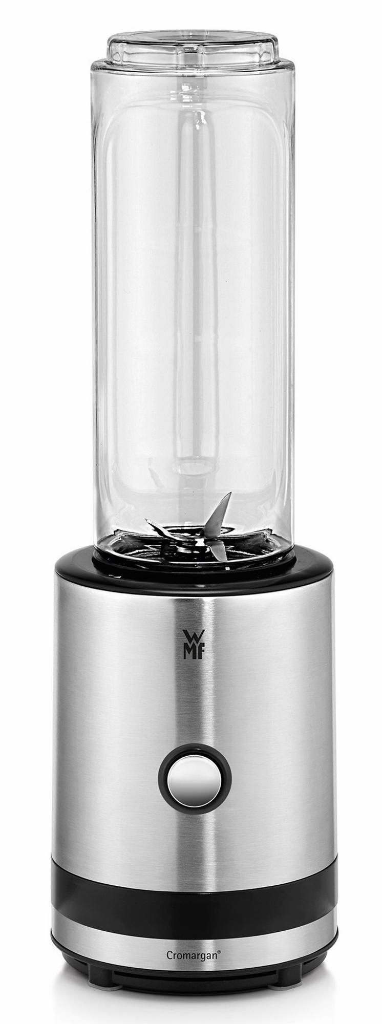 Silberner Mixer mit Glaskanne und schwarzem Sockel, mit zentralem Knopf.