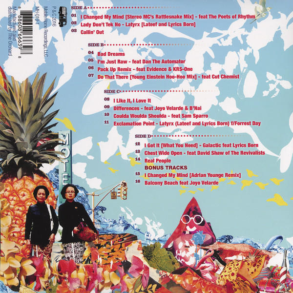 Albumcover mit einer Collage. Zwei Frauen, eine Ananas und Text an der Seite.