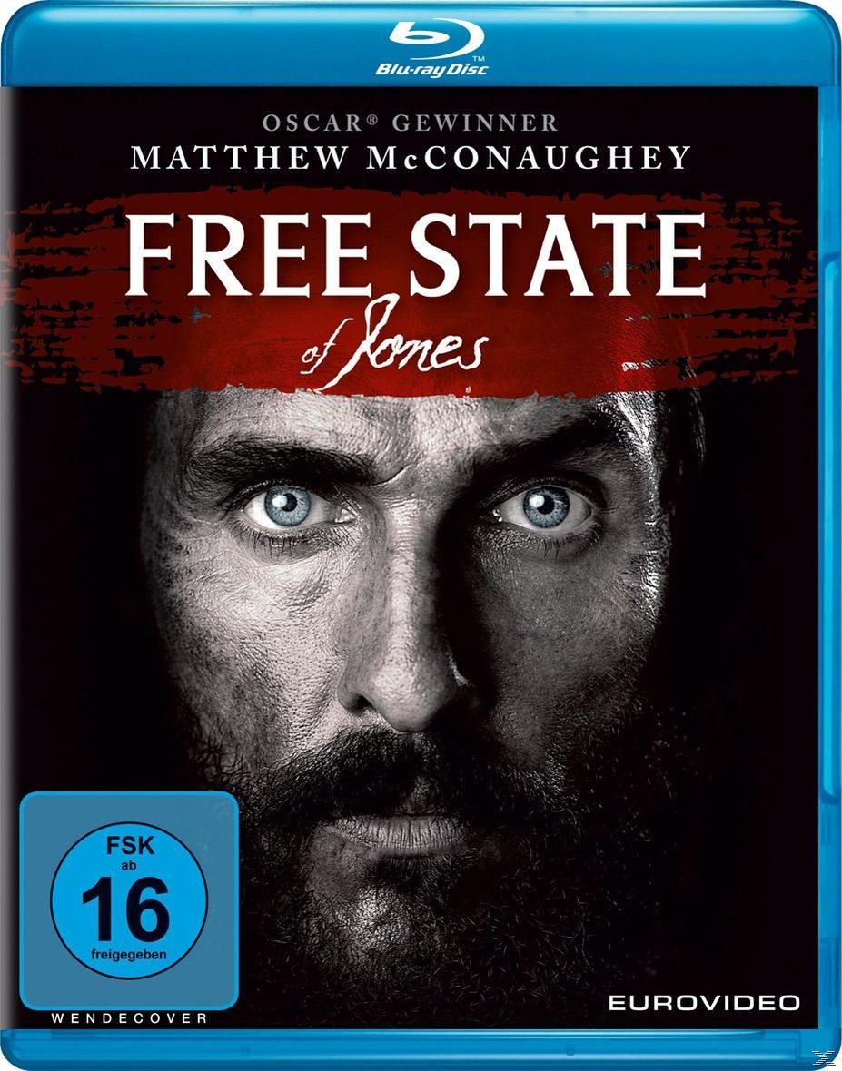 Blu-ray-Hülle. Nahaufnahme eines Mannes mit Bart und blauen Augen. Filmtitel 'Free State of Jones'.
