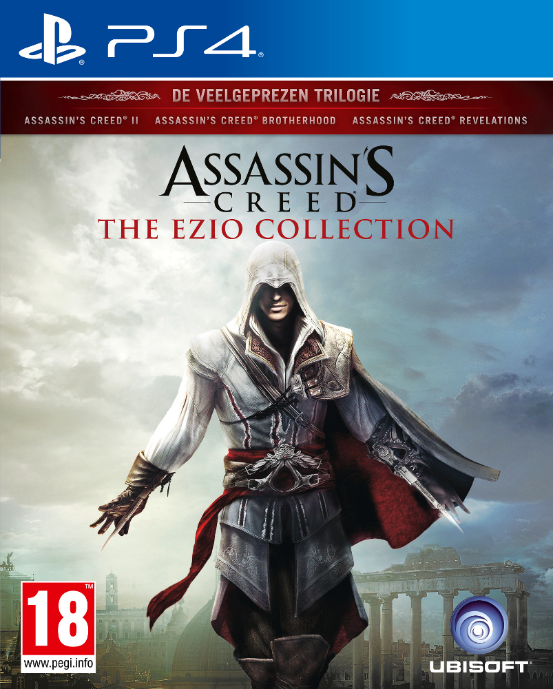 Boîte de jeu PS4 pour Assassin's Creed : The Ezio Collection. Un homme en tenue à capuche blanche est sur la couverture.