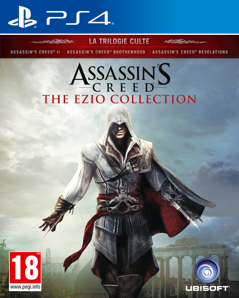 Couverture du jeu Assassin's Creed, personnage principal devant la ville, logo du jeu.