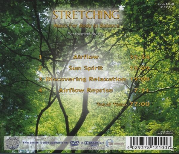CD-Cover: 'Stretching' mit grünen Bäumen im Hintergrund und Text über die Tracks.