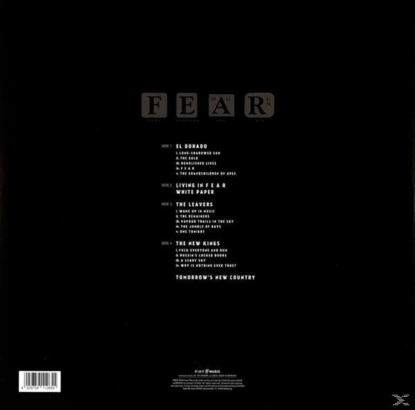 Album-Rückseite in Schwarzweiß. Text: Fear. Seite 1, 2, 3, 4 listet Songs auf. e-earMusic und X Logos.
