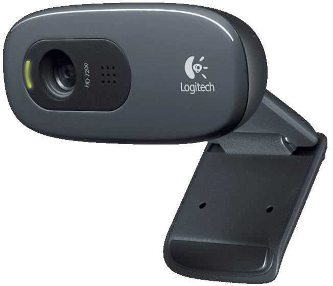 Siyah Logitech web kamerası. Lens, logo ve ayarlanabilir taban ile oval tasarım.