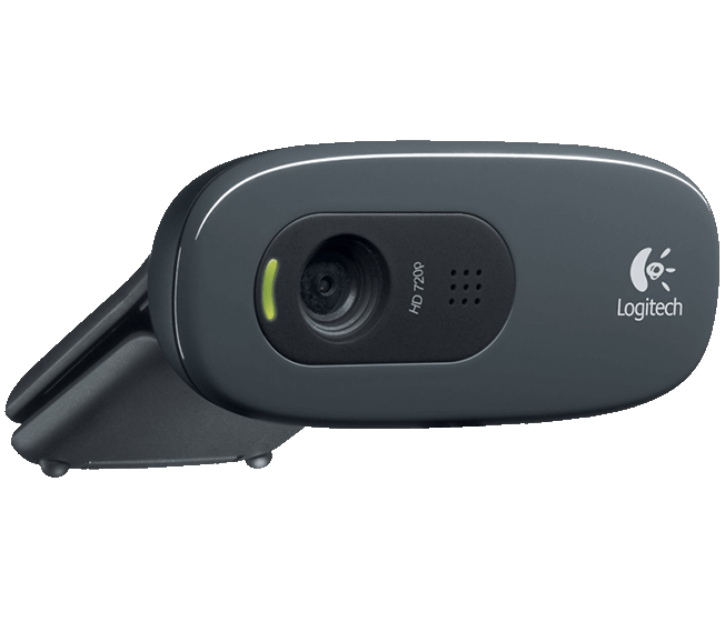 Siyah Logitech web kamerası. Bir merceğe ve yan tarafta Logitech logosuna, siyah bir standa sahip.