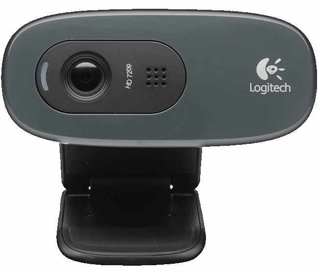 Gri renkli bir Logitech web kamerası, bir lens, HD 720p etiketi ve bir mikrofon ile.