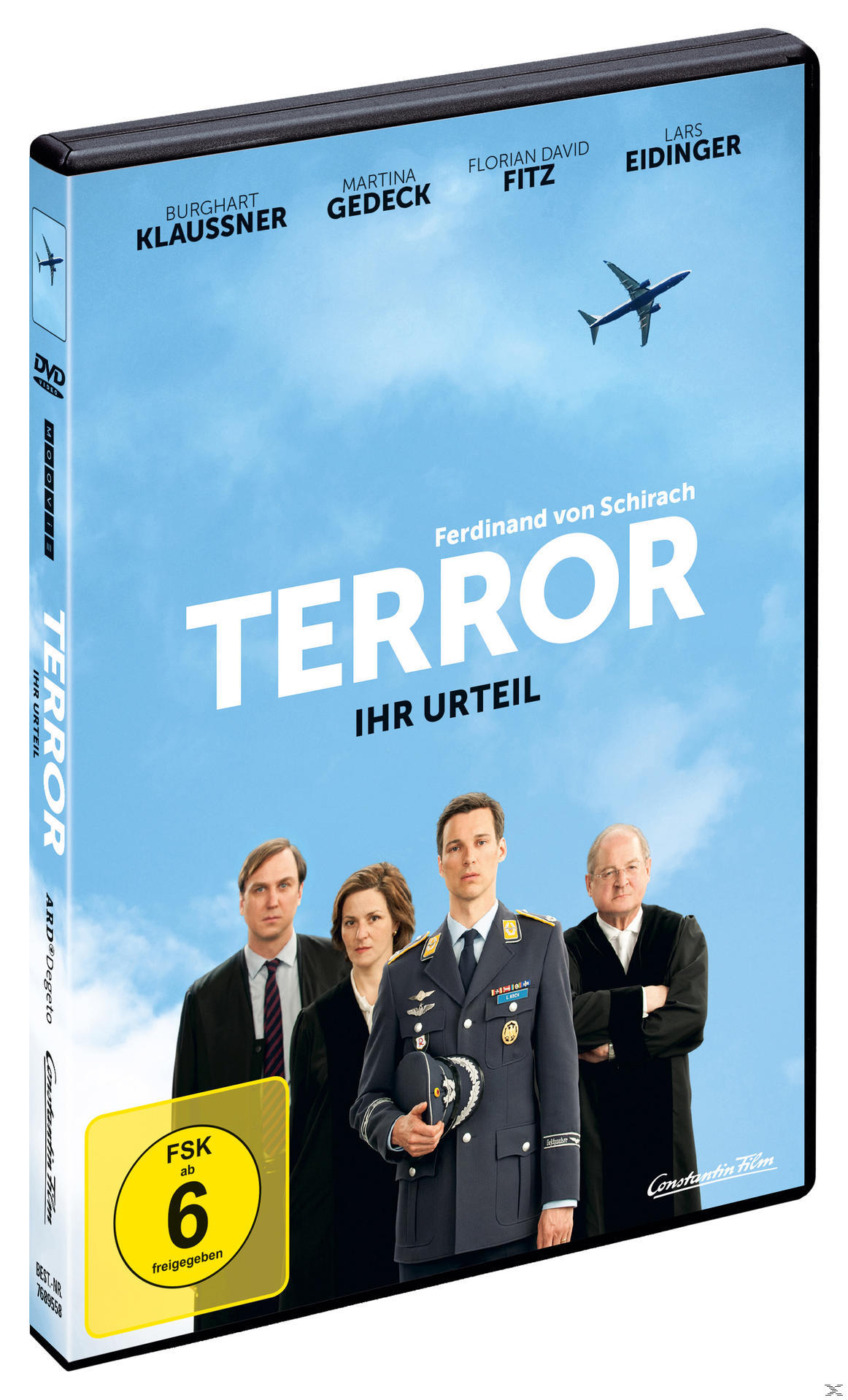 DVD-Cover: 'TERROR Ihr Urteil' mit Schauspielern und einem Flugzeug am Himmel.