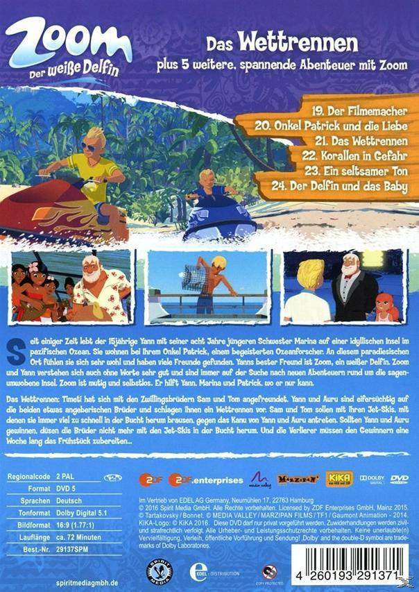 DVD-Cover mit Zeichentrickfiguren auf Jetskis. Text: Zoom, der weiße Delfin.