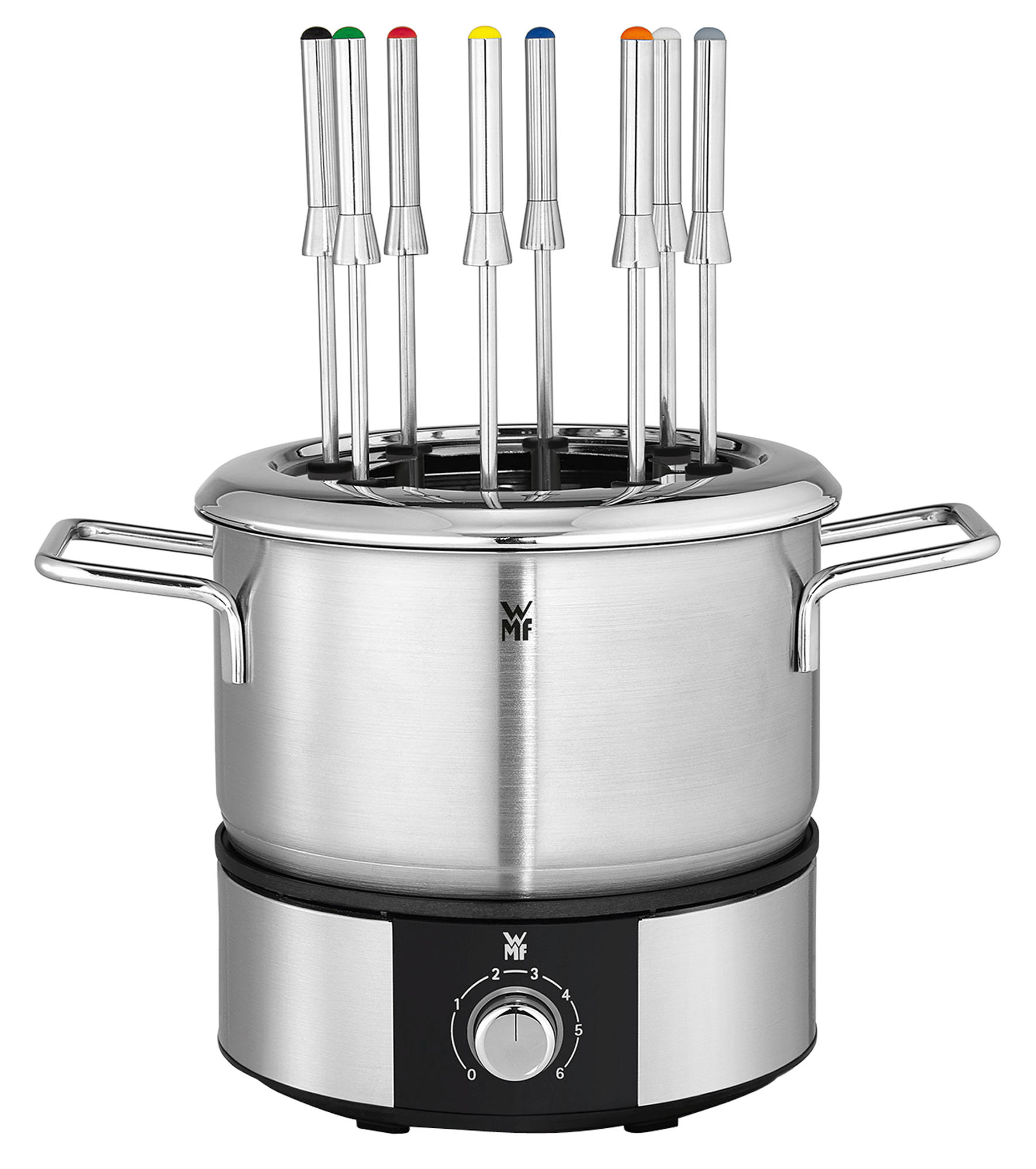 Edelstahl-Fondue-Set. Es hat einen Topf mit Griffen, Gabeln und eine Temperaturregelbasis.