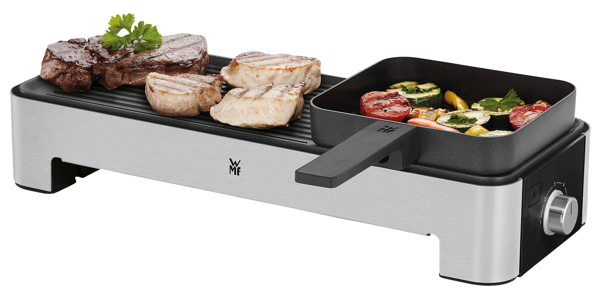 Wmf Kitchenminis Mini grill 1000 dos zonas de temperatura ajustable placas antiahderentes incluye individual superficie y estriada plancha asar 04 1517 0011 1000w