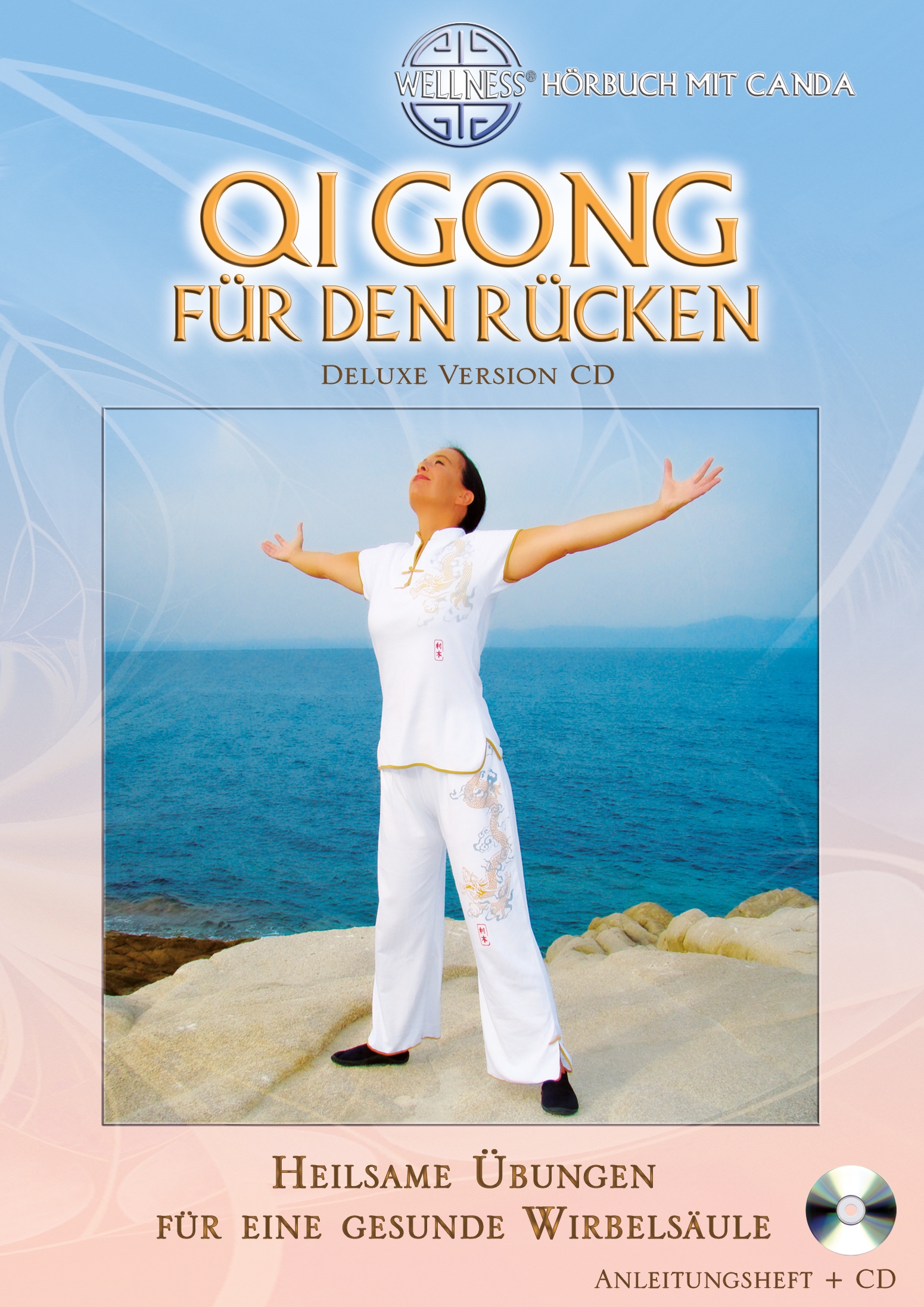 CD-Cover: Eine Frau mit erhobenen Armen führt Qi Gong am Meer aus.