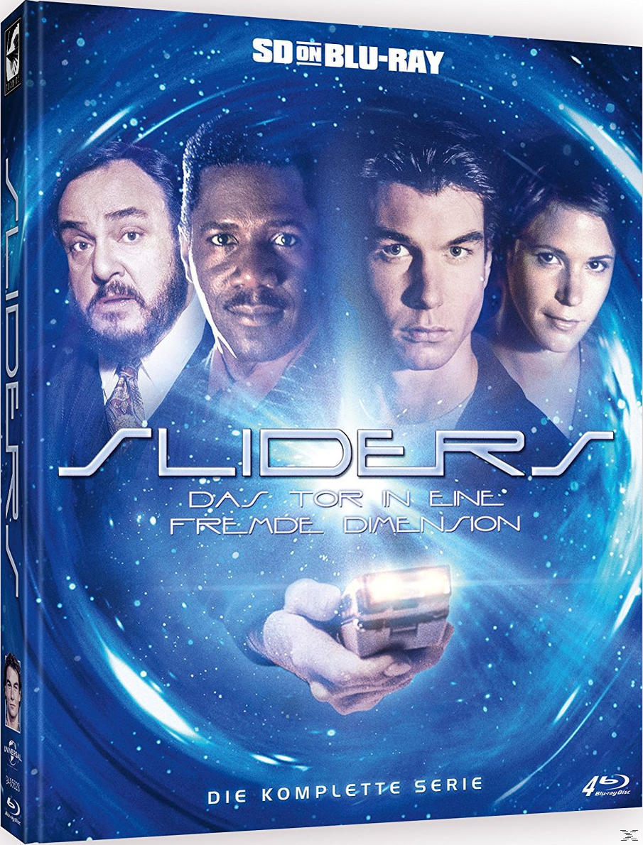 Sliders DVD-Cover: Vier Personen, eine Waffe und ein wirbelnder blauer Hintergrund mit Text.