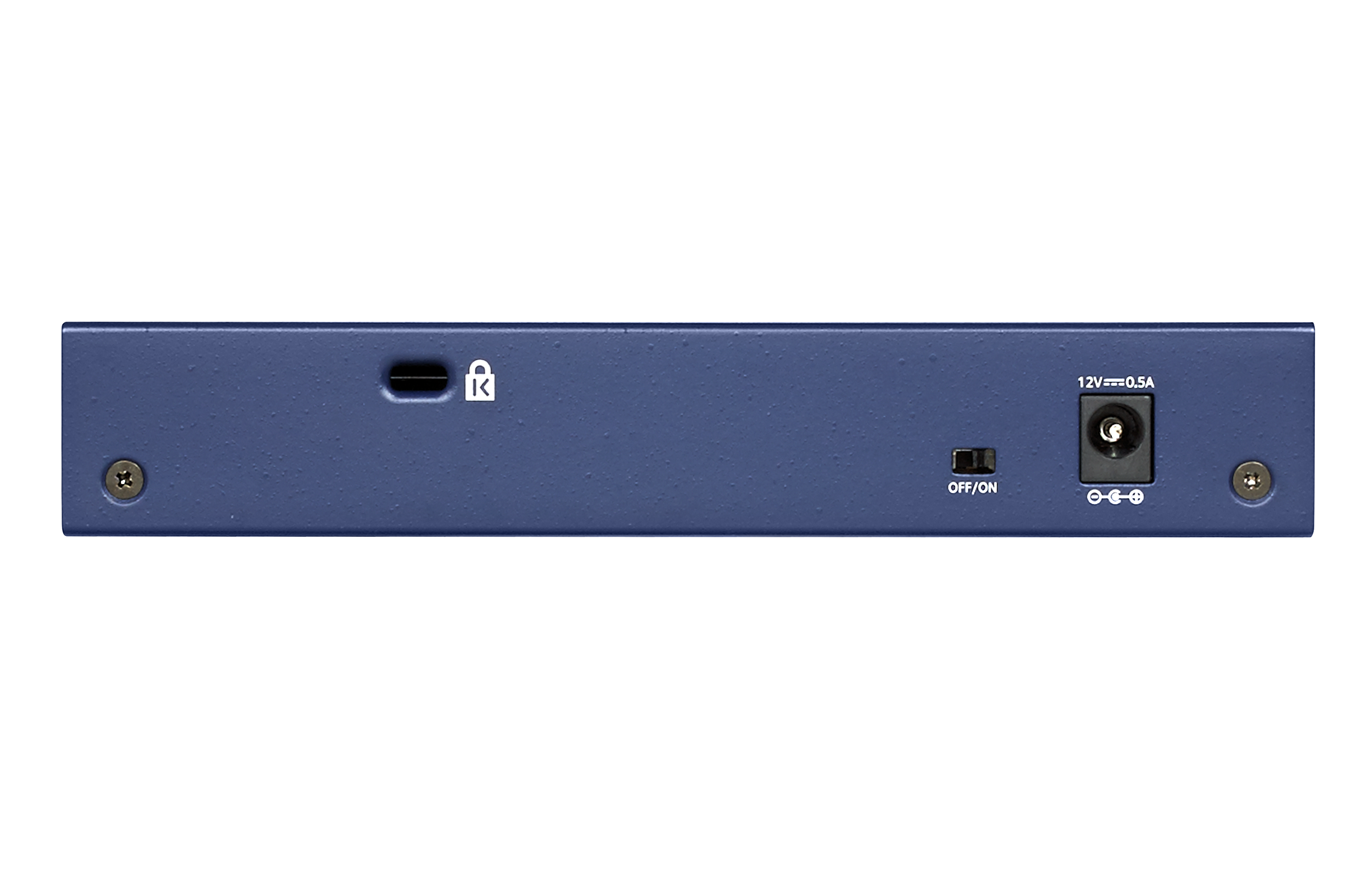 Blauwe netwerkswitch met poorten, een voedingsconnector en een aan/uit-schakelaar aan de achterkant. Zwarte achtergrond.