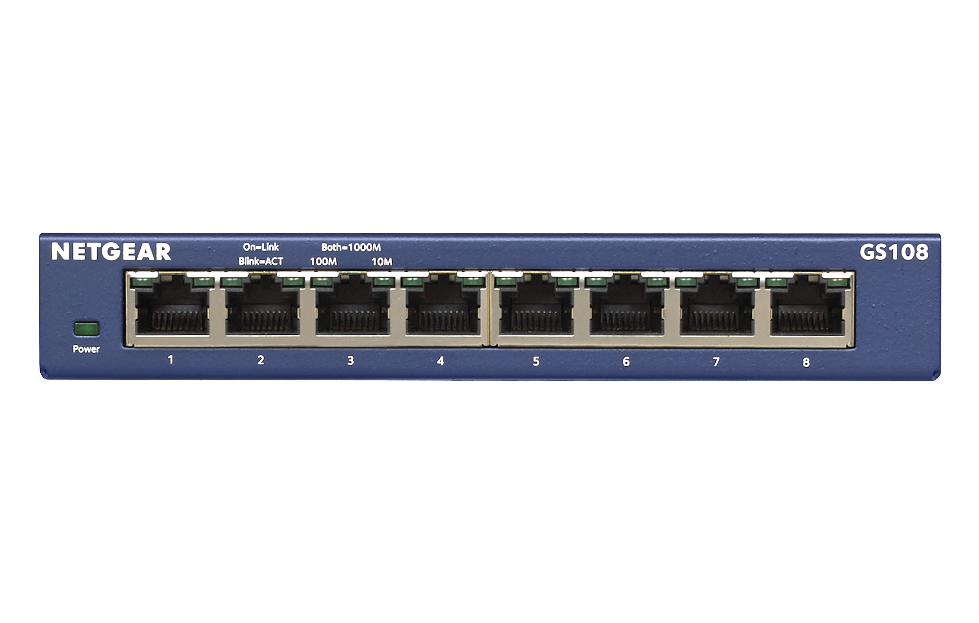 Een blauwe Netgear GS108 netwerkswitch met acht poorten, en stroomlamp links.