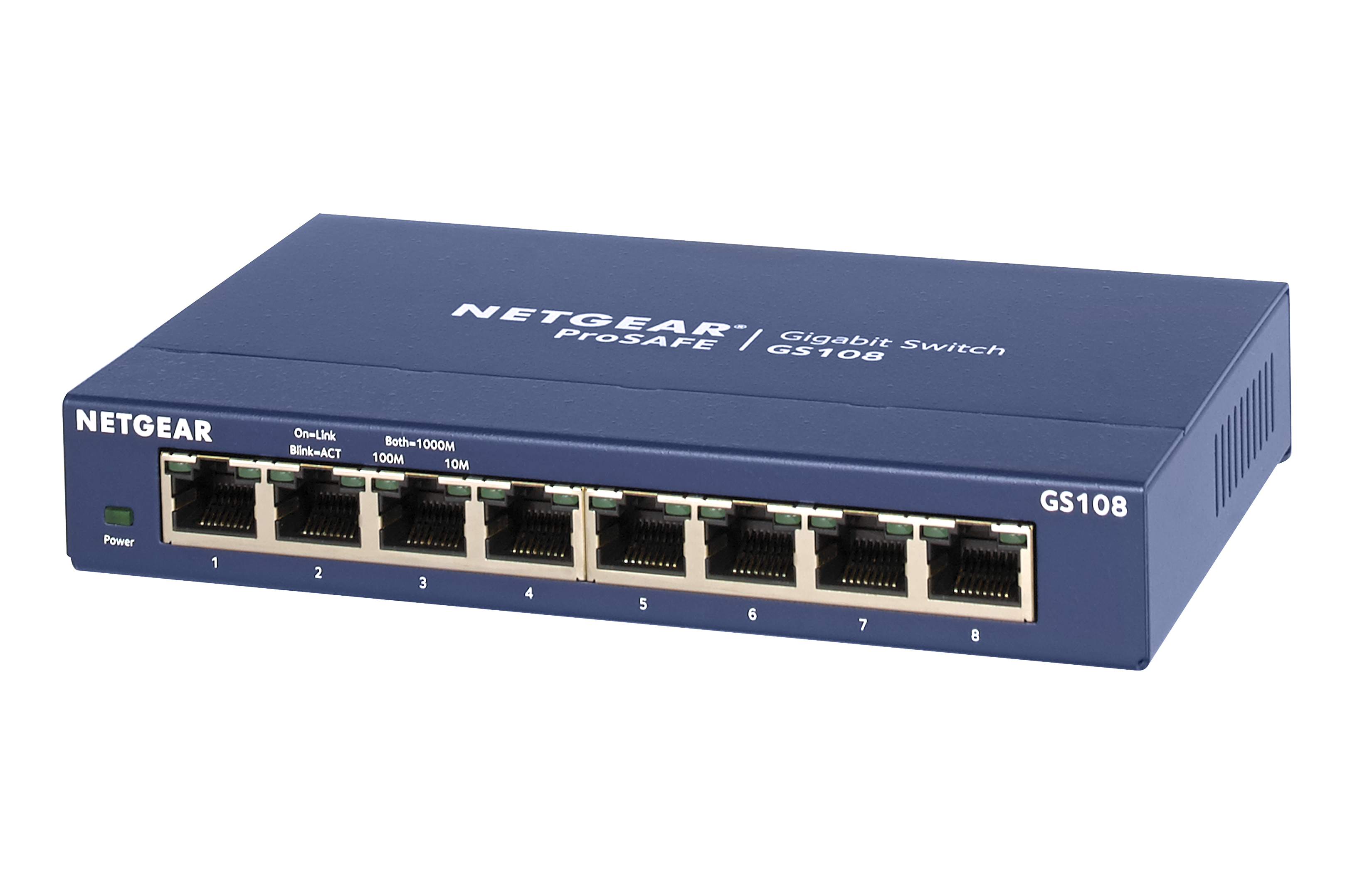 Een blauwe Netgear Gigabit Switch GS108 met 8 poorten.