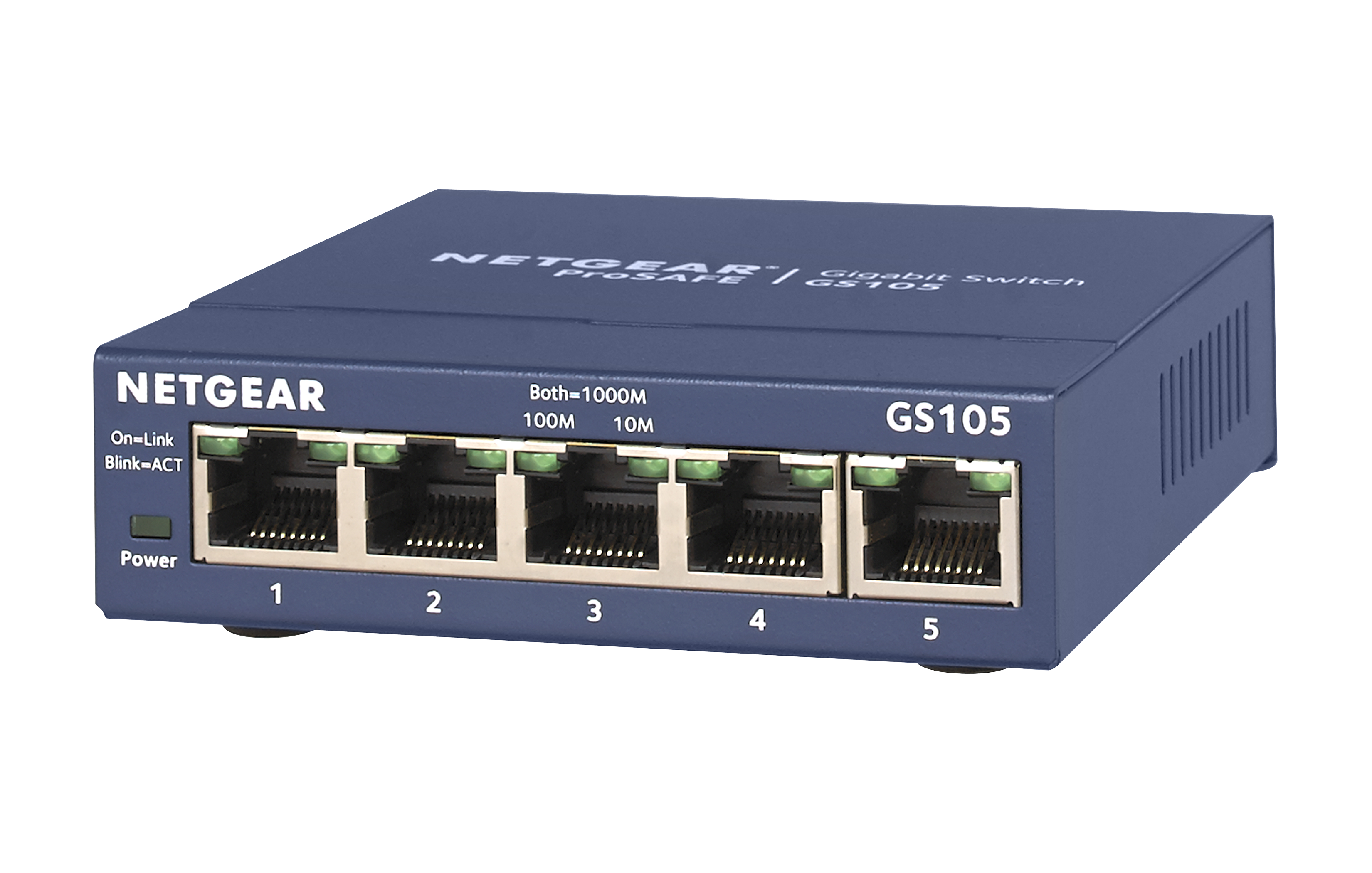 Een blauwe NETGEAR ProSAFE GS105 gigabit switch met vijf poorten.