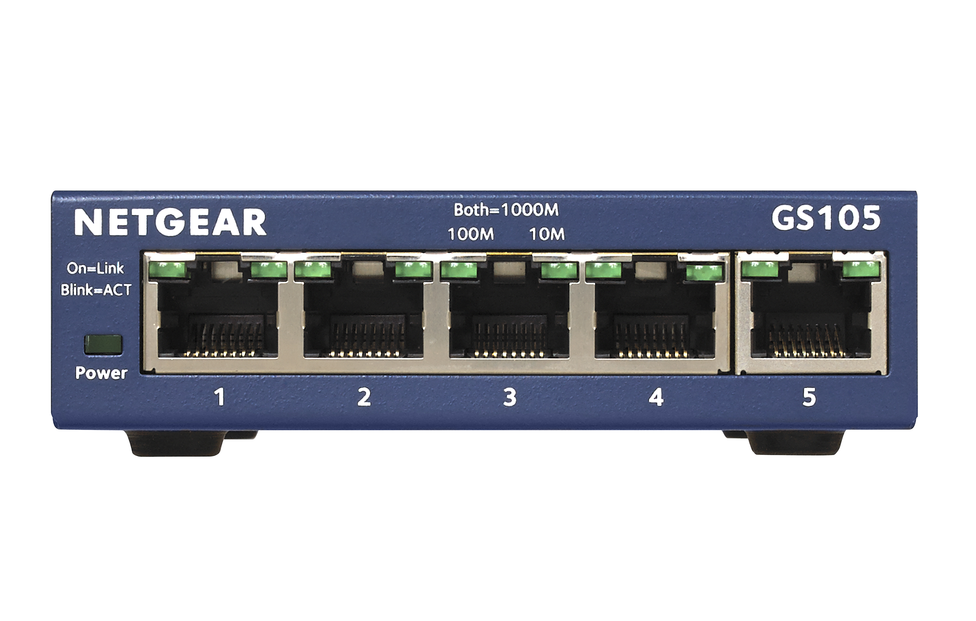 Blauwe Netgear GS105 switch met 5 poorten, genummerd 1-5.