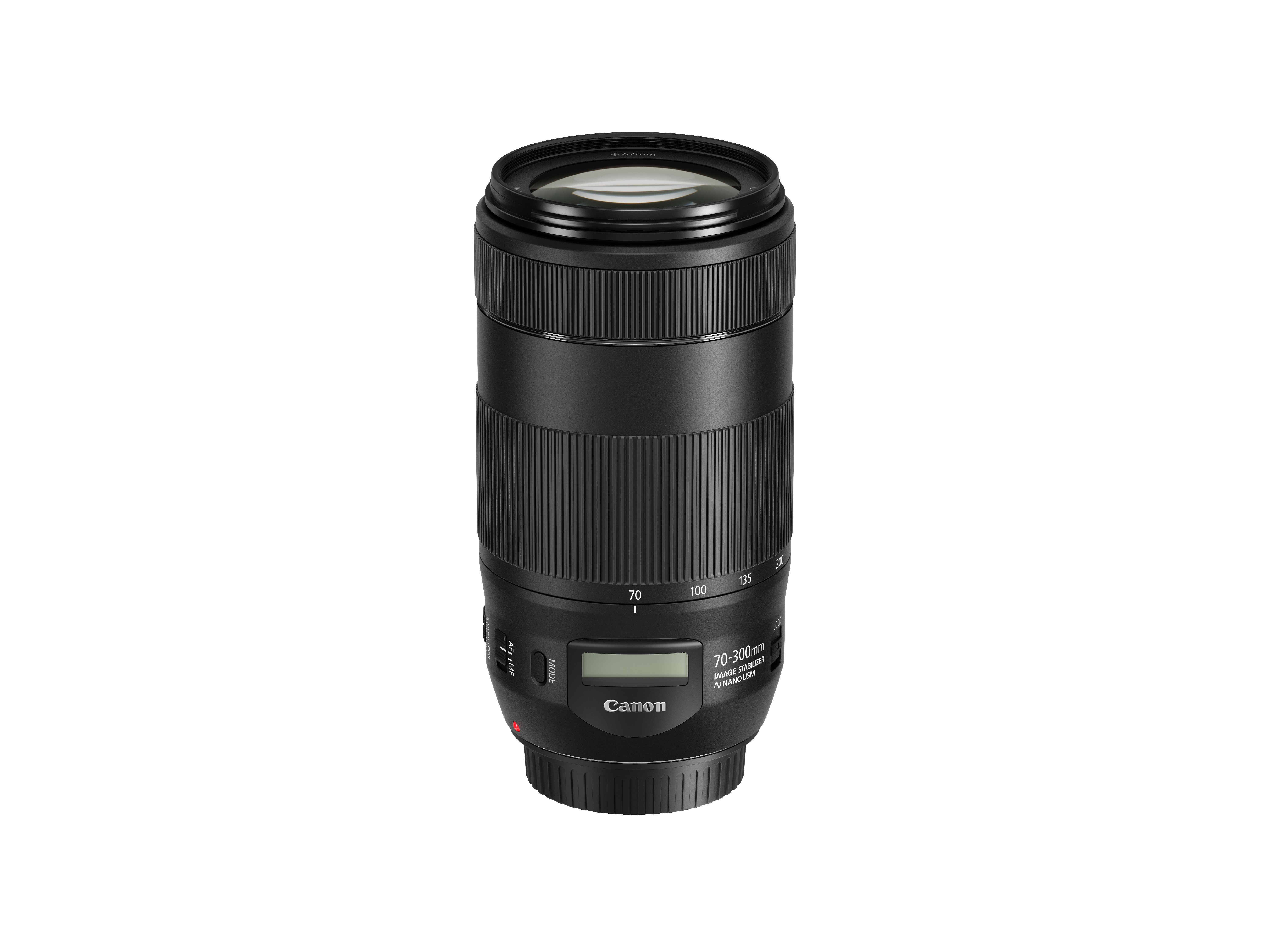 Canon Kameraobjektiv. Schwarz, zylindrisch, mit mehreren Ringen und einem kleinen Display. Isoliert auf Weiß.