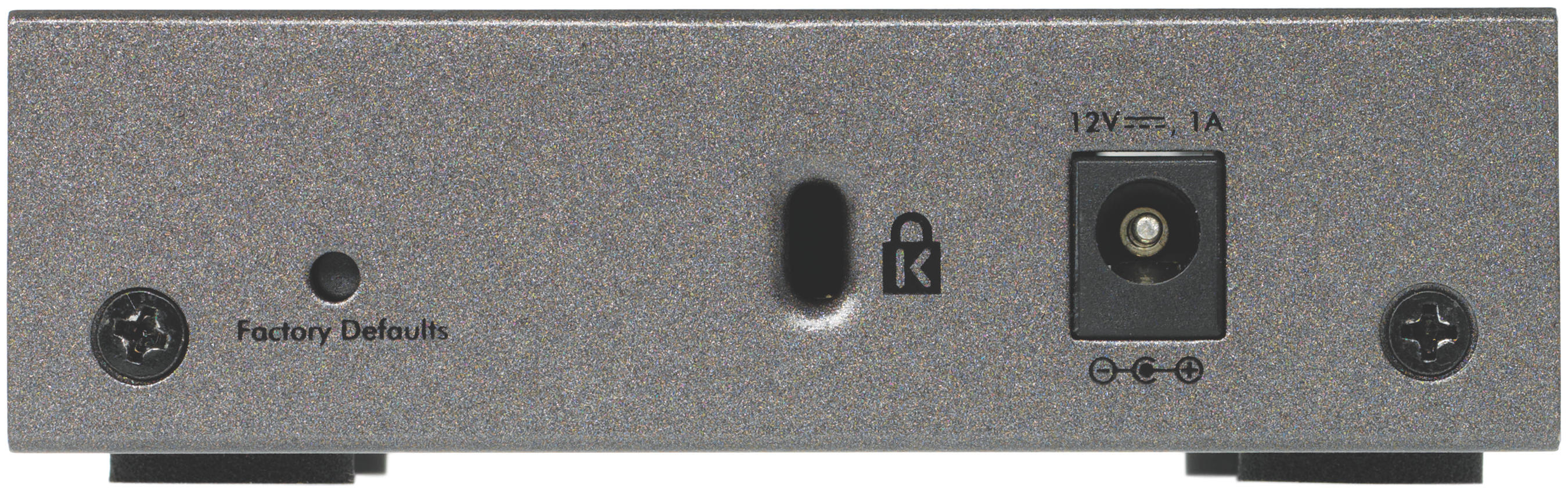 Silver-gray device with connector ports and a button. The device has a power port and a factory defaults label.