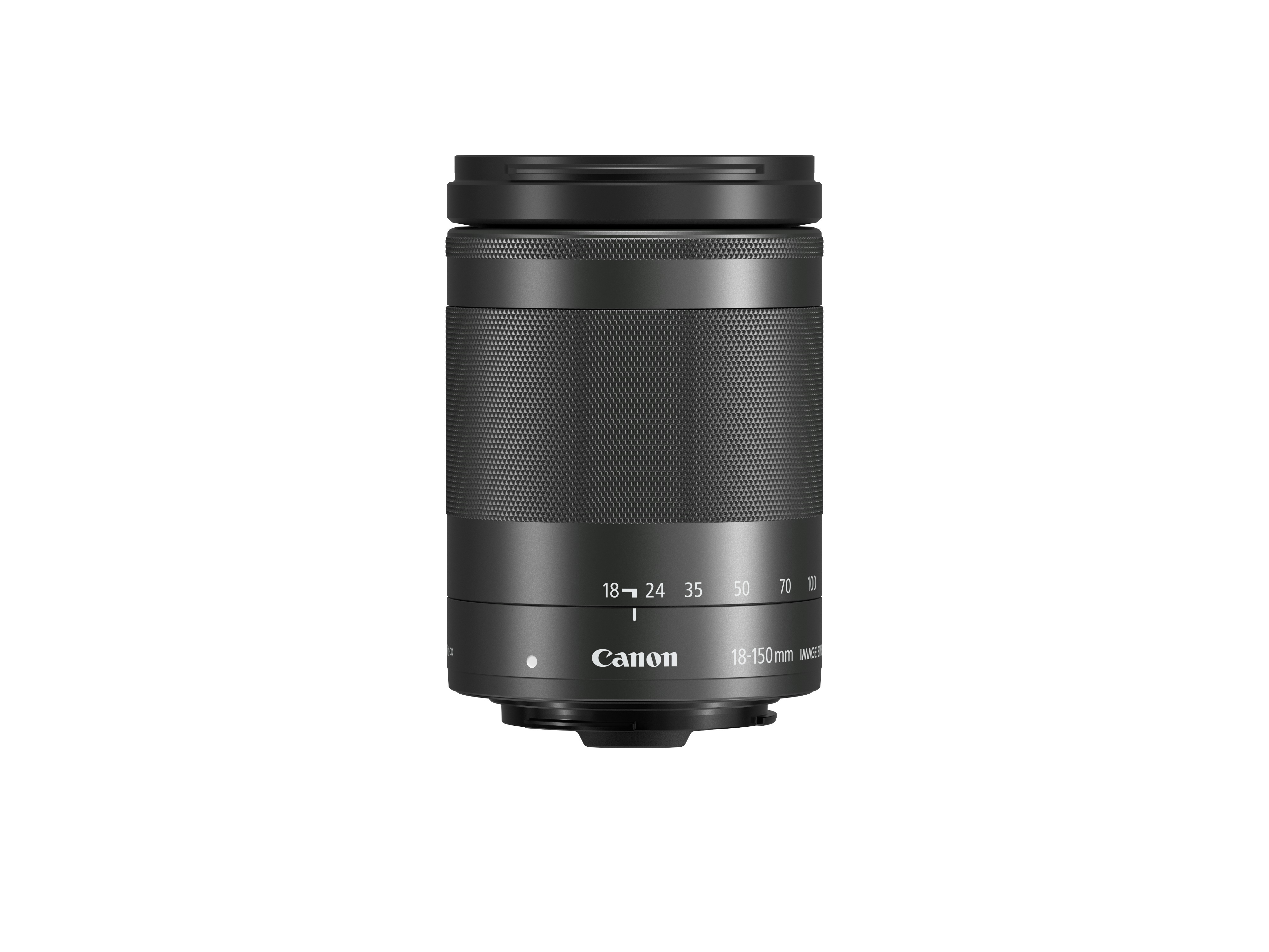 Obiettivo Canon 18-150mm nero. I numeri sull'obiettivo mostrano le lunghezze focali.