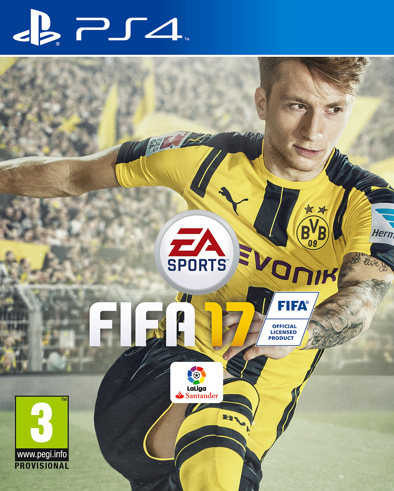 Portada del juego FIFA 17 PS4. Marco Reus con la camiseta amarilla del Borussia Dortmund y el logo EA Sports.