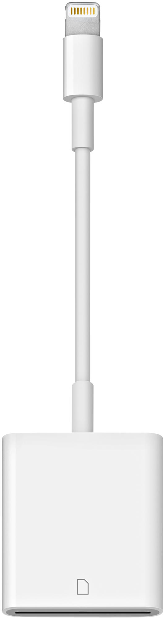 Lecteur de carte SD vers Lightning Apple. Adaptateur blanc avec connecteur Lightning.