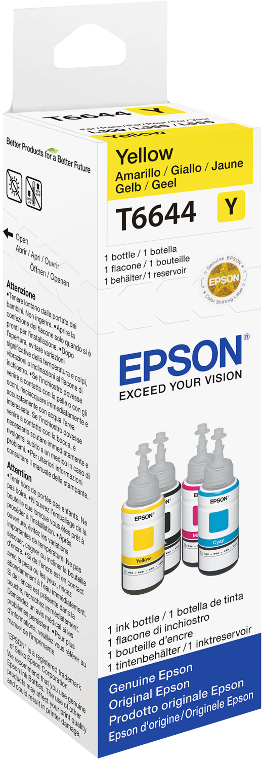 Epson inktcartridge doos met gele inktflessen, productinfo en Epson logo.