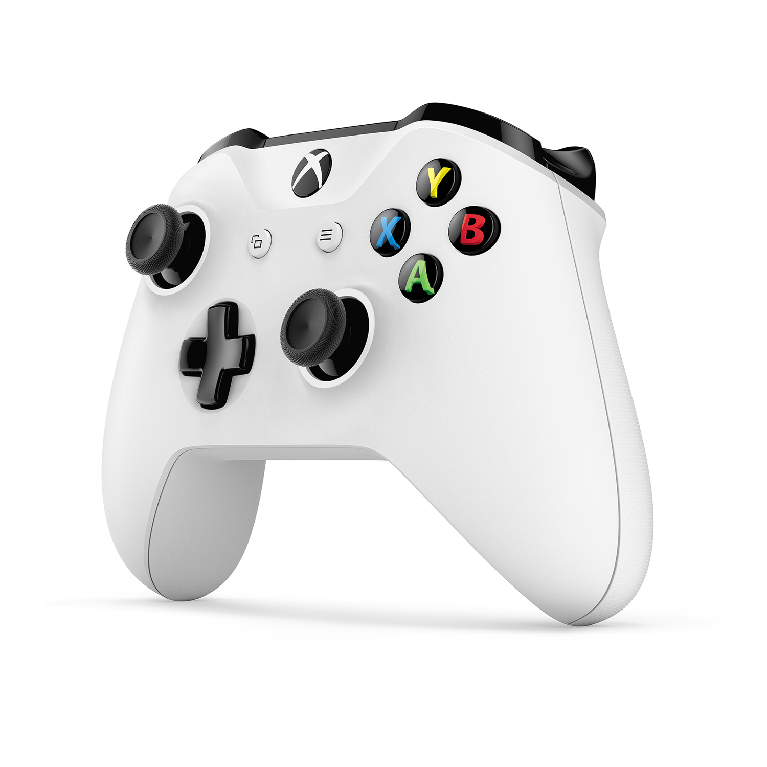 Weißer Xbox-Controller mit farbigen Knöpfen und Joysticks auf weißem Hintergrund.