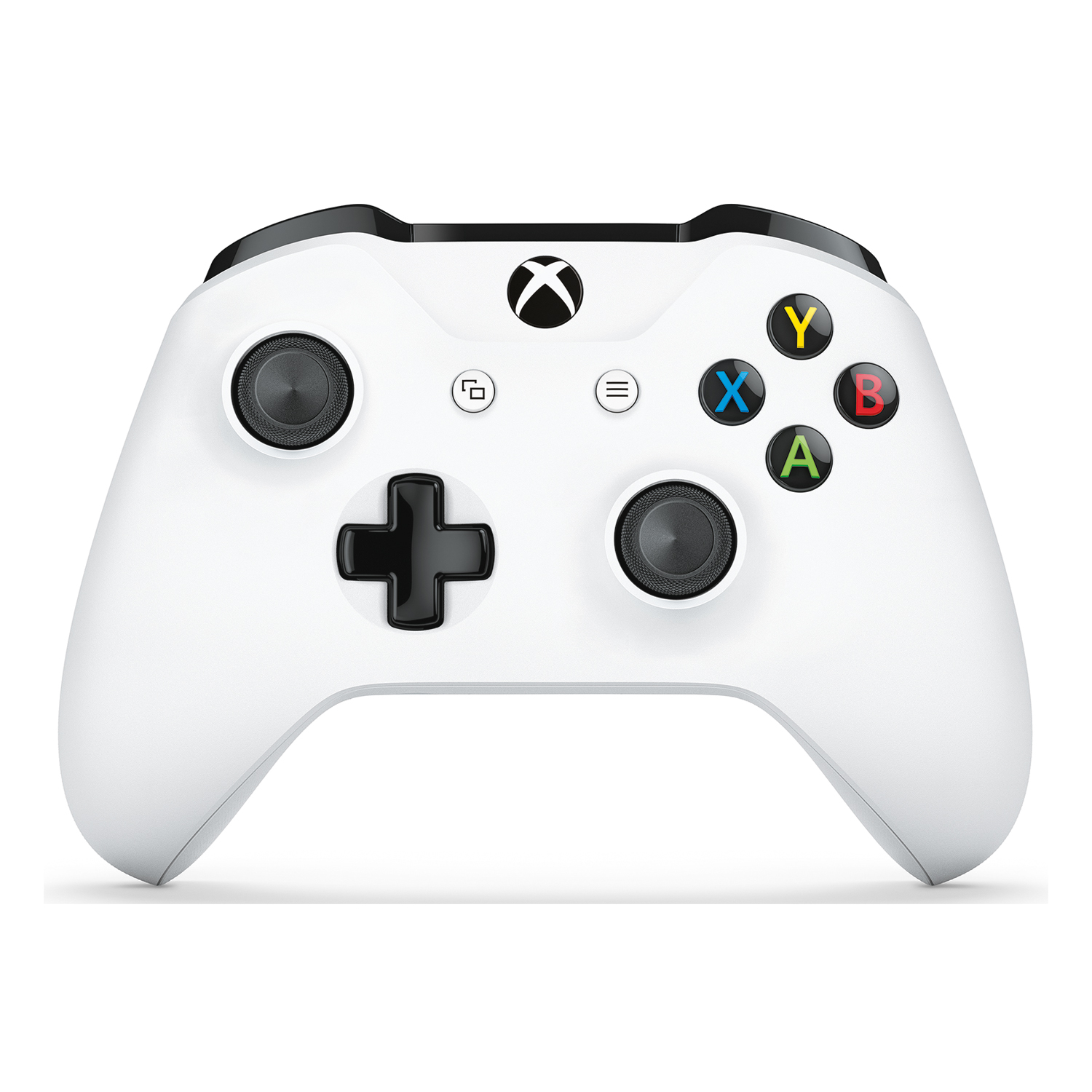 Weißer Xbox-Controller mit schwarzen Akzenten, beschriftete Tasten, weißer Hintergrund.