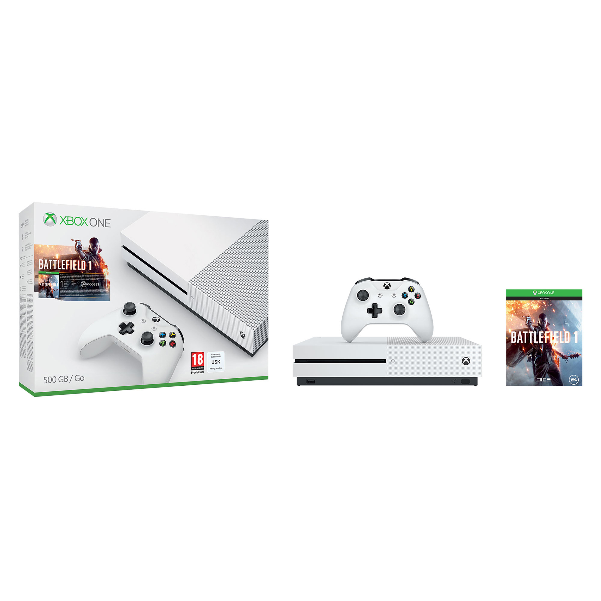 Weiße Xbox One Konsole mit Battlefield 1 Spiel und Controller.