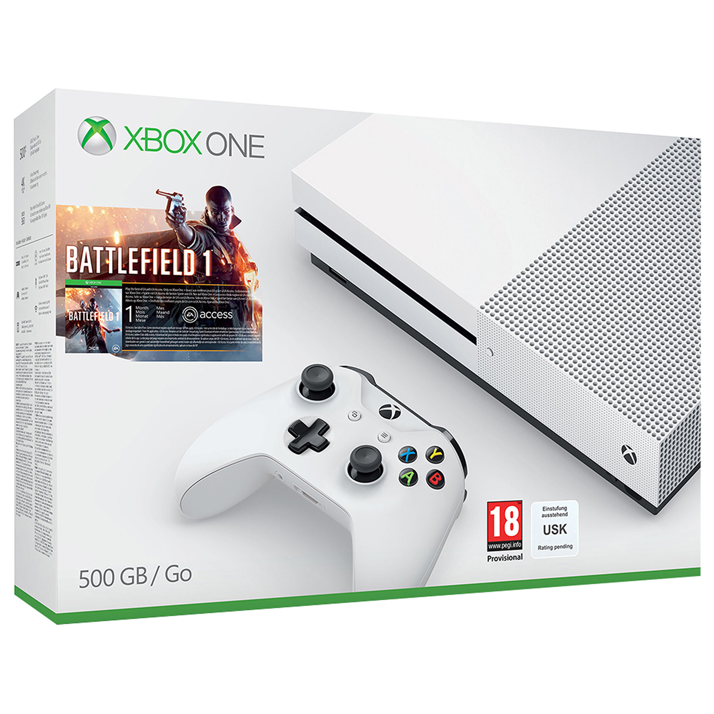 Xbox One Konsole, Controller und Battlefield 1 Spielbox, weißer Hintergrund.