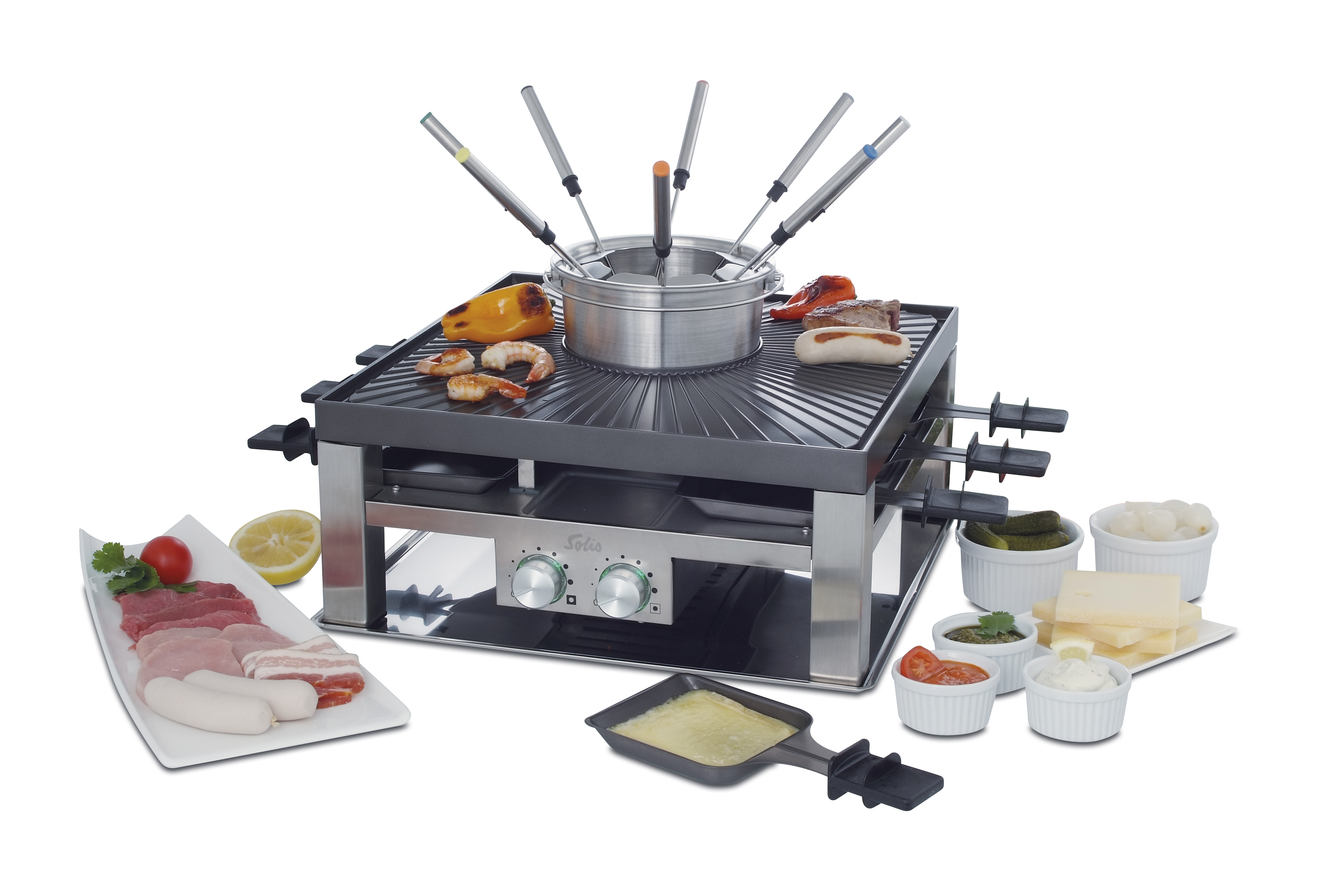 A raclette grill with various food items, ready for cooking.